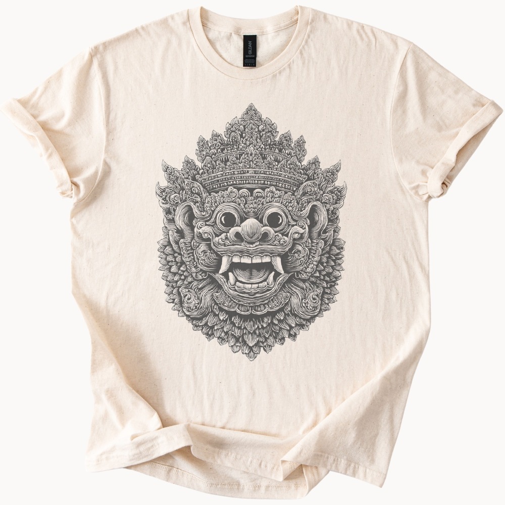 Ornate Demon Mask Graphic Tee Intricate Sacred Art Design